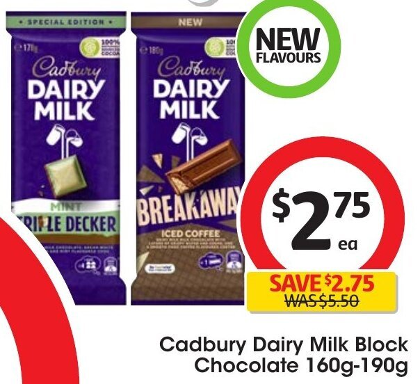 Cadbury Dairy Milk Block Chocolate 160g190g offer at Coles
