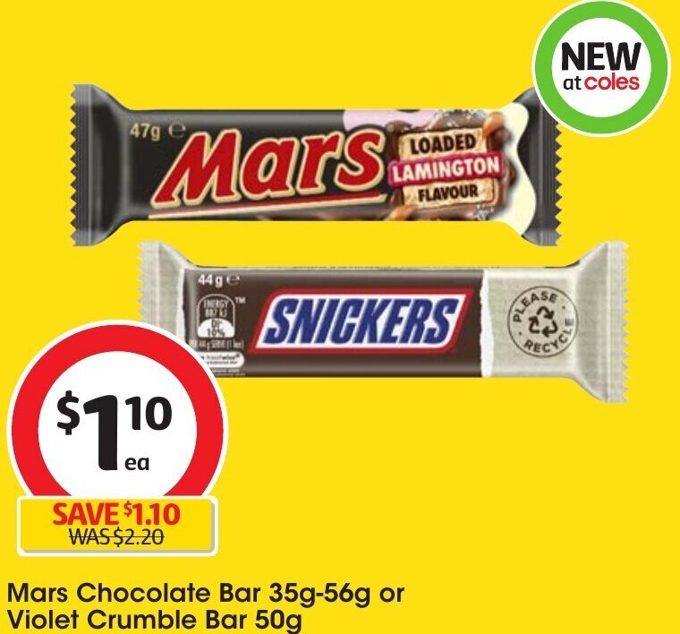 Mars Chocolate Bar 35g56g or Violet Crumble Bar 50g offer at Coles