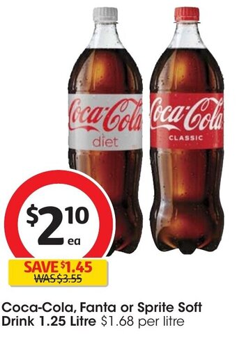 Coles Coca-Cola, Fanta or Sprite Soft Drink 1.25 Litre offer