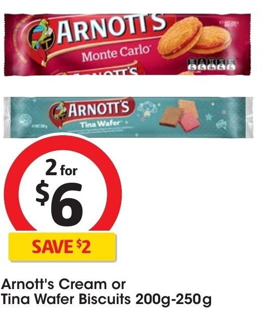 Arnott's Cream or Tina Wafer Biscuits 200g250g offer at Coles