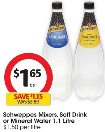 Coles Schweppes Mixers, Soft Drink or Mineral Water 1.1 Litre offer