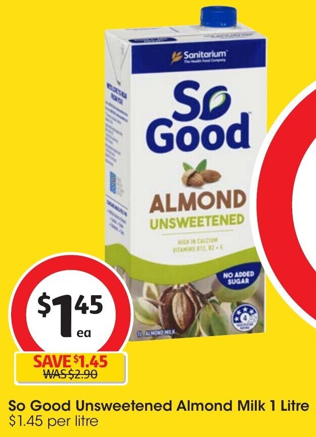 So Good Unsweetened Almond Milk 1 Litre offer at Coles