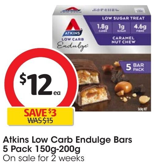 Atkins Low Carb Endulge Bars 5 Pack 150g200g offer at Coles