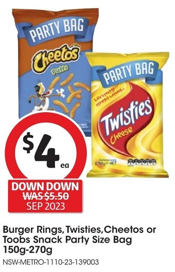 Coles Burger Rings, Twisties, Cheetos or Toobs Snack Party Size Bag 150g-270g offer