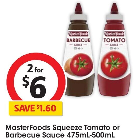 MasterFoods Squeeze Tomato or Barbecue Sauce 475mL500mL offer at Coles