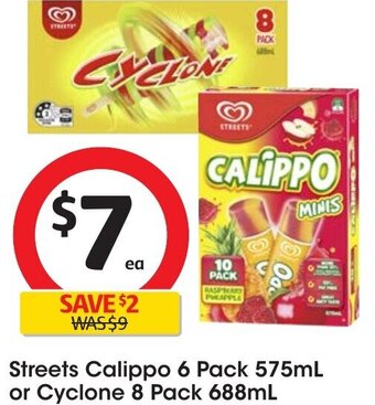 Coles Streets Calippo 6 Pack 575mL or Cyclone 8 Pack 688mL offer
