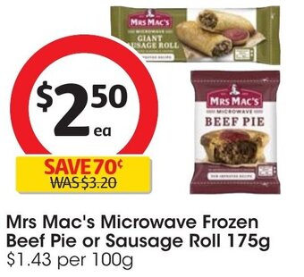 Coles Mrs Mac's Microwave Frozen Beef Pie or Sausage Roll 175g offer