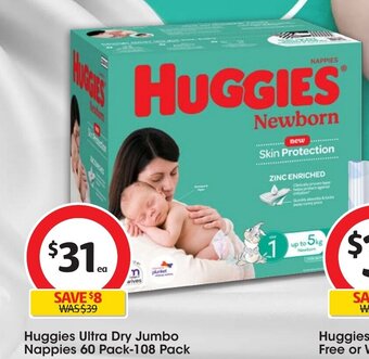 Coles Huggies Ultra Dry Jumbo Nappies 60 Pack-108 Pack offer
