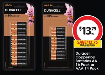 Coles Duracell Coppertop Batteries AA 16 Pack or AAA 14 Pack offer