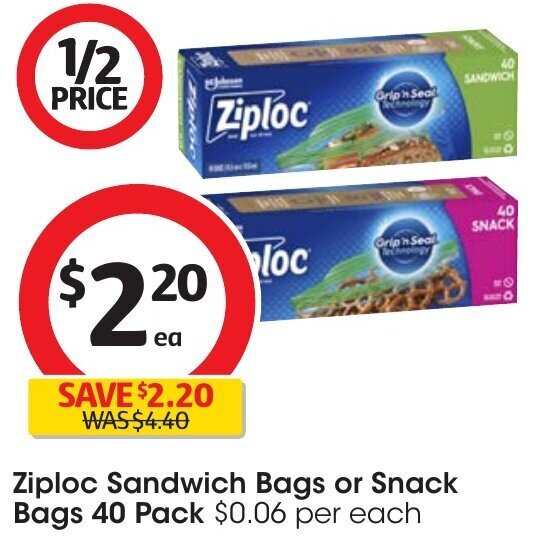 Ziploc Sandwich Bags or Snack Bags 40 Pack offer at Coles