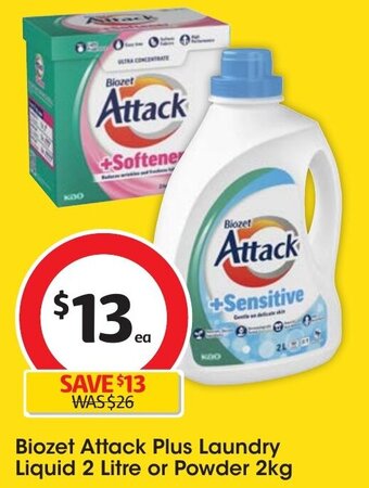Coles Biozet Attack Plus Laundry Liquid 2 Litre or Powder 2kg offer