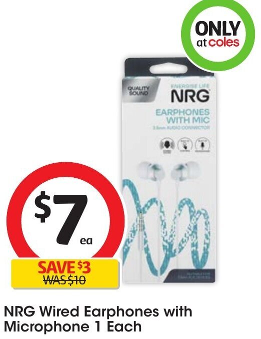 NRG Wired Earphones with Microphone 1 Each offer at Coles
