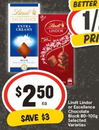 IGA Lindt Lindor or Excellence Chocolate Block 80-100g Selected Varieties offer