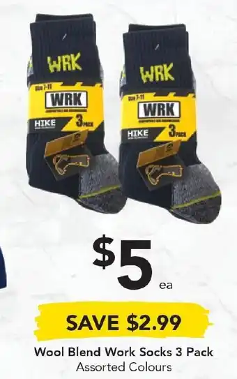 Wool Blend Work Socks 3 Pack Assorted Colours