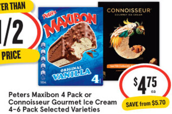 IGA Peters Maxibon 4 Pack or Connoisseur Gourmet Ice Cream 4-6 Pack Selected Varieties offer