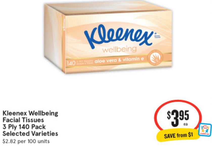 Kleenex Wellbeing Facial Tissues 3 Ply 140 Pack Selected Varieties