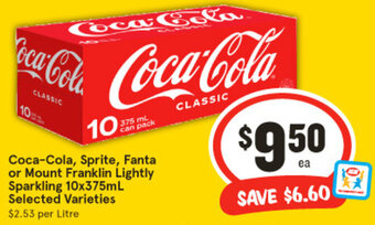 IGA Coca-Cola, Sprite, Fanta or Mount Franklin Lightly Sparkling 10x375mL Selected Varieties offer