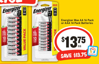 IGA Energizer Max AA 16 Pack or AAA 14 Pack Batteries offer
