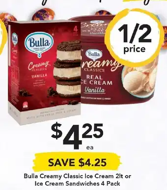 Drakes Bulla Creamy Classic Ice Cream 2lt or Ice Cream Sandwiches 4 Pack offer