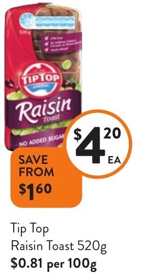 Foodworks Tip Top Raisin Toast 520g ` offer