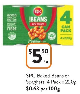Foodworks SPC Baked Beans or Spaghetti 4 Pack x 220g offer
