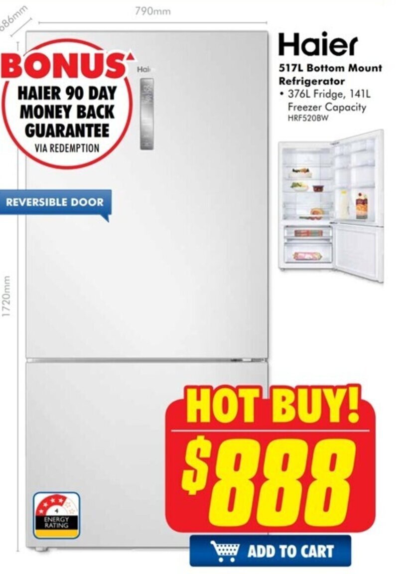 Haier 517L Bottom Mount Refrigerator offer at The Good Guys