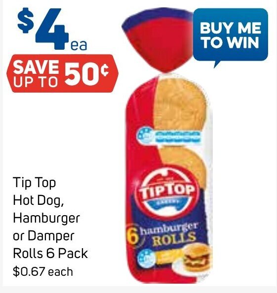 Tip Top Hot Dog, Hamburger or Damper Rolls 6 Pack offer at Foodland