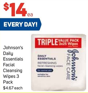 Foodland Johnson's Daily Essentials Facial Cleansing Wipes 3 Pack offer
