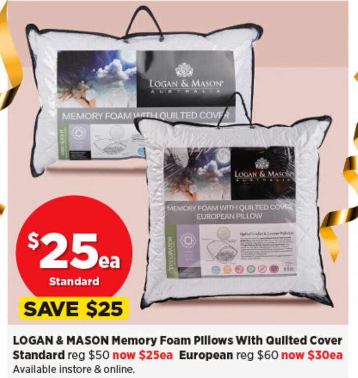 LOGAN & MASON Memory Foam Pillows With Quilted Cover Standard offer at