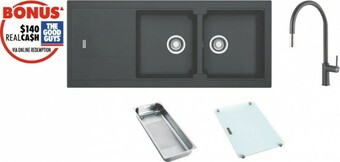 The Good Guys Franke Onyx Fragranite Double Bowl Sink with Reversible Drainer offer