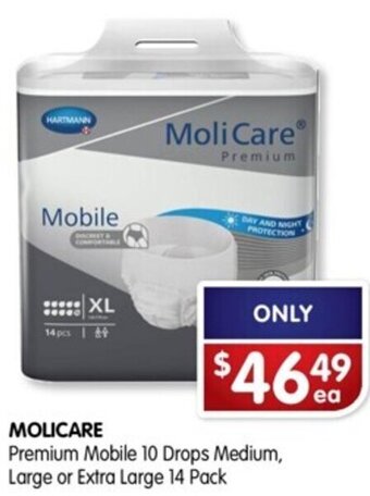 Alliance Pharmacy MOLICARE Premium Mobile 10 Drops Medium, Large or Extra Large 14 Pack offer
