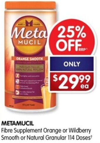METAMUCIL Fibre Supplement Orange or Wildberry Smooth or Natural Granular 114 Doses