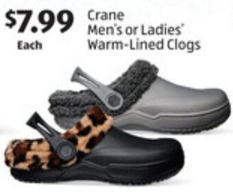 ALDI Crane Men's or Ladies' Warm-Lined Clogs offer