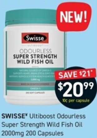 Chemist King SWISSE Ultiboost Odourless Super Strength Wild Fish Oil 2000mg 200 Capsules offer