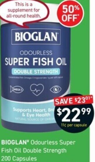 Chemist King BIOGLAN Odourless Super Fish Oil Double Strength 200 Capsules offer