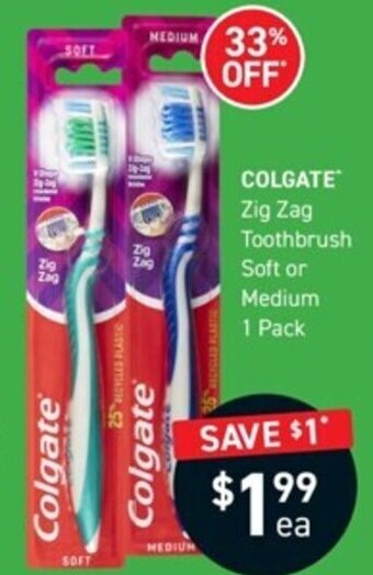 Chemist King COLGATE Zig Zag Toothbrush Soft or Medium 1 Pack offer