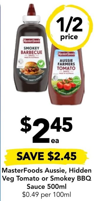 Drakes MasterFoods Aussie, Hidden Veg Tomato or Smokey BBQ Sauce 500ml offer