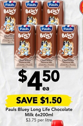 Drakes Pauls Bluey Long Life Chocolate Milk 6x200ml offer