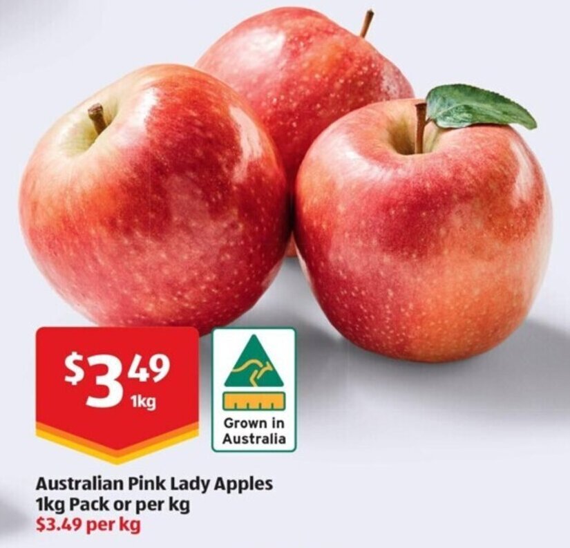 Australian Pink Lady Apples 1kg Pack or per kg offer at ALDI