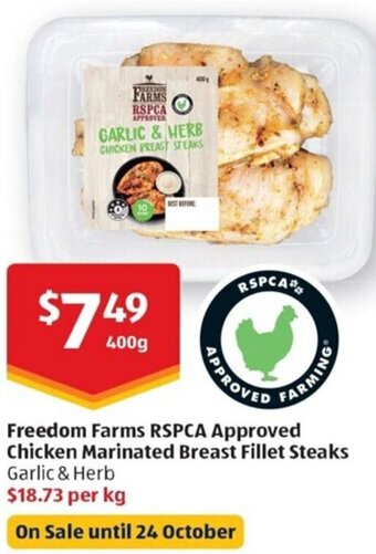 ALDI Freedom Farms RSPCA Approved Chicken Marinated Breast Fillet Steaks offer