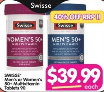 Your Discount Chemist SWISSE Men's or Women's 50+ Multivitamin Tablets 90 offer