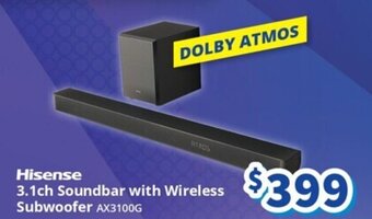Bi-Rite Hisense 3.1ch Soundbar with Wireless Subwoofer AX3100G offer