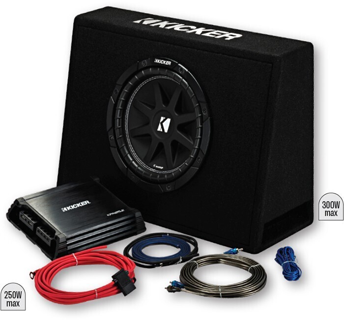 Kicker 10” subwoofer in slim enclosure plus amplifier & wiring kit