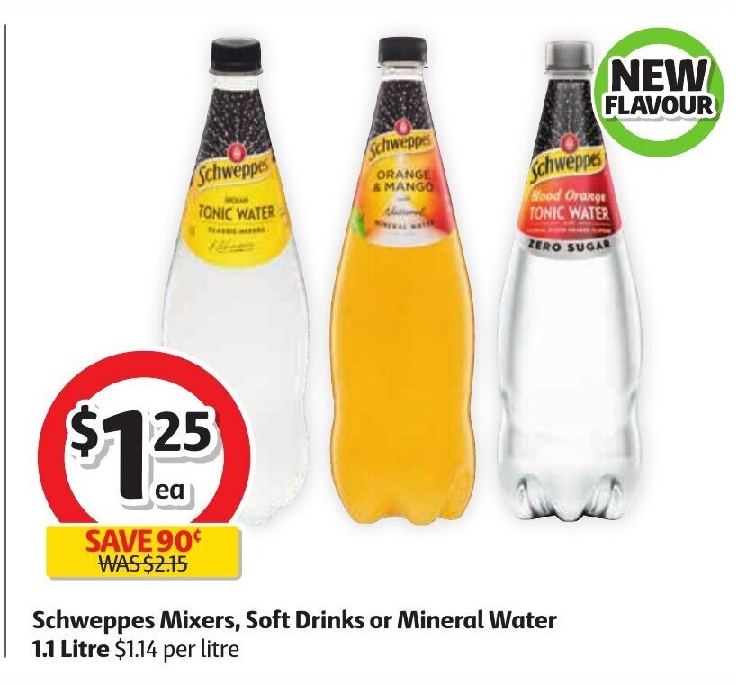 Schweppes Mixers, Soft Drinks or Mineral Water 1.1 Liters offer at Coles