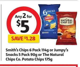 Coles Smith's Chips 6 Pack 114g or Jumpy's Snacks 5 Pack 90g or The Natural Chips Co. Potato Chips 175g offer