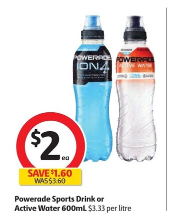 Coles Powerade Sports Drink or Active Water 600mL offer