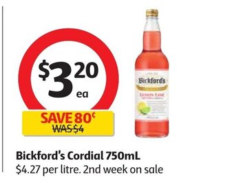 Coles Bickford's Cordial 750mL offer