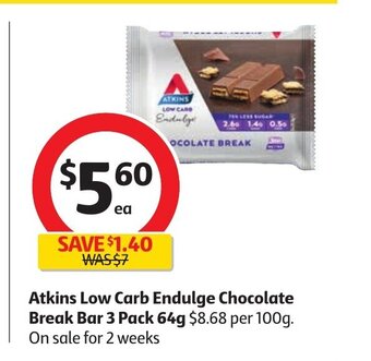Coles Atkins Low Carb Endulge Chocolate Break Bar 3 Pack 64g offer