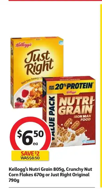 Kellogg's Nutri Grain 805g, Crunchy Nut Corn Flakes 370g or Just Right Original 790g
