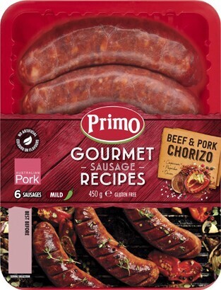 Coles Primo gourmet beef & pork chorizo sausages 450g offer
